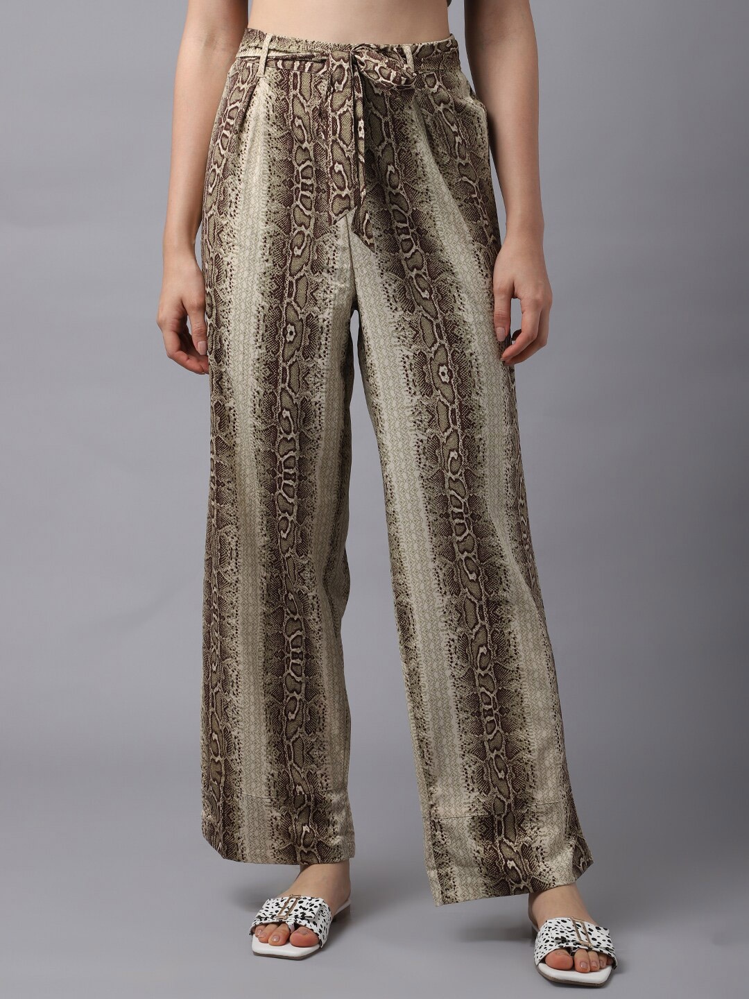 

La Zoire Women Brown Animal Printed Crepe Palazzos