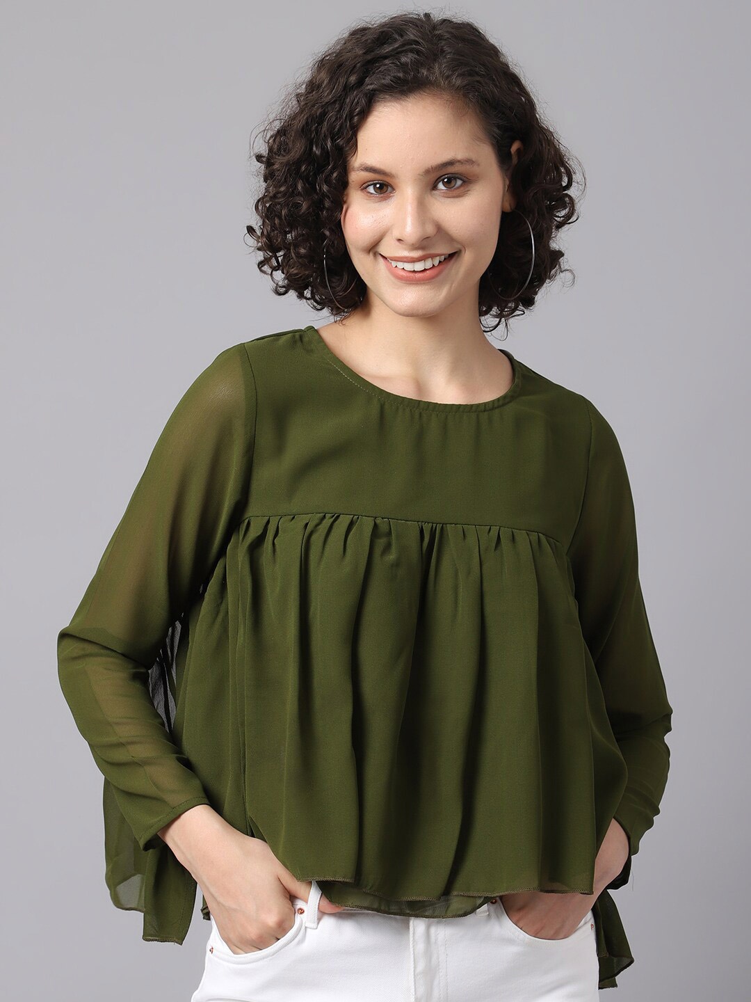 

La Zoire Olive Green Georgette Empire Top