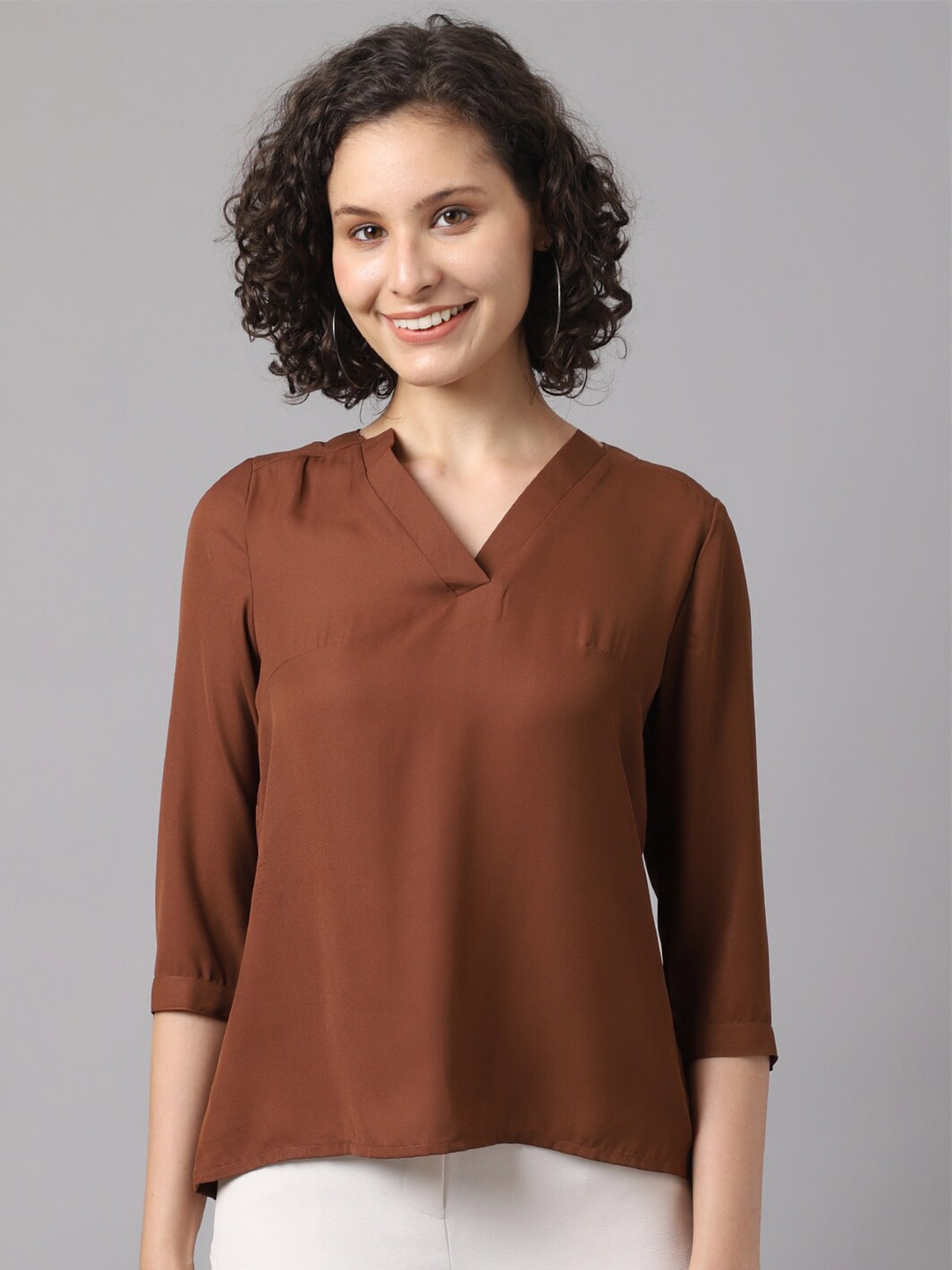 

La Zoire Brown Mandarin Collar Georgette Top