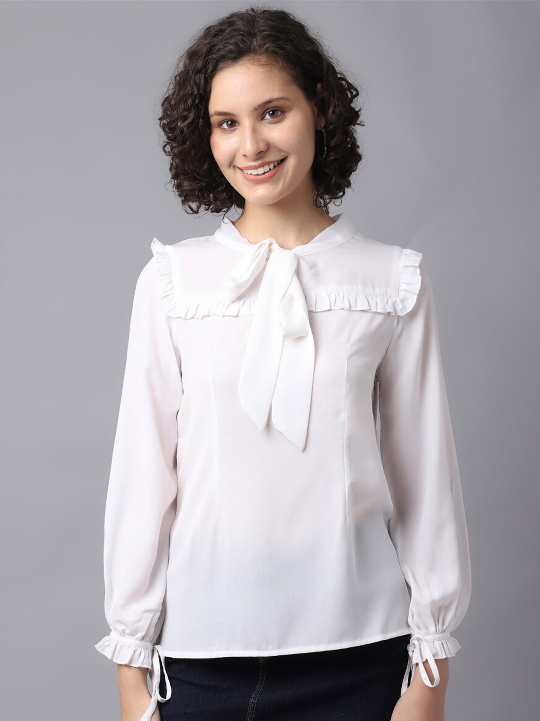 

La Zoire White Tie-Up Neck Georgette Top