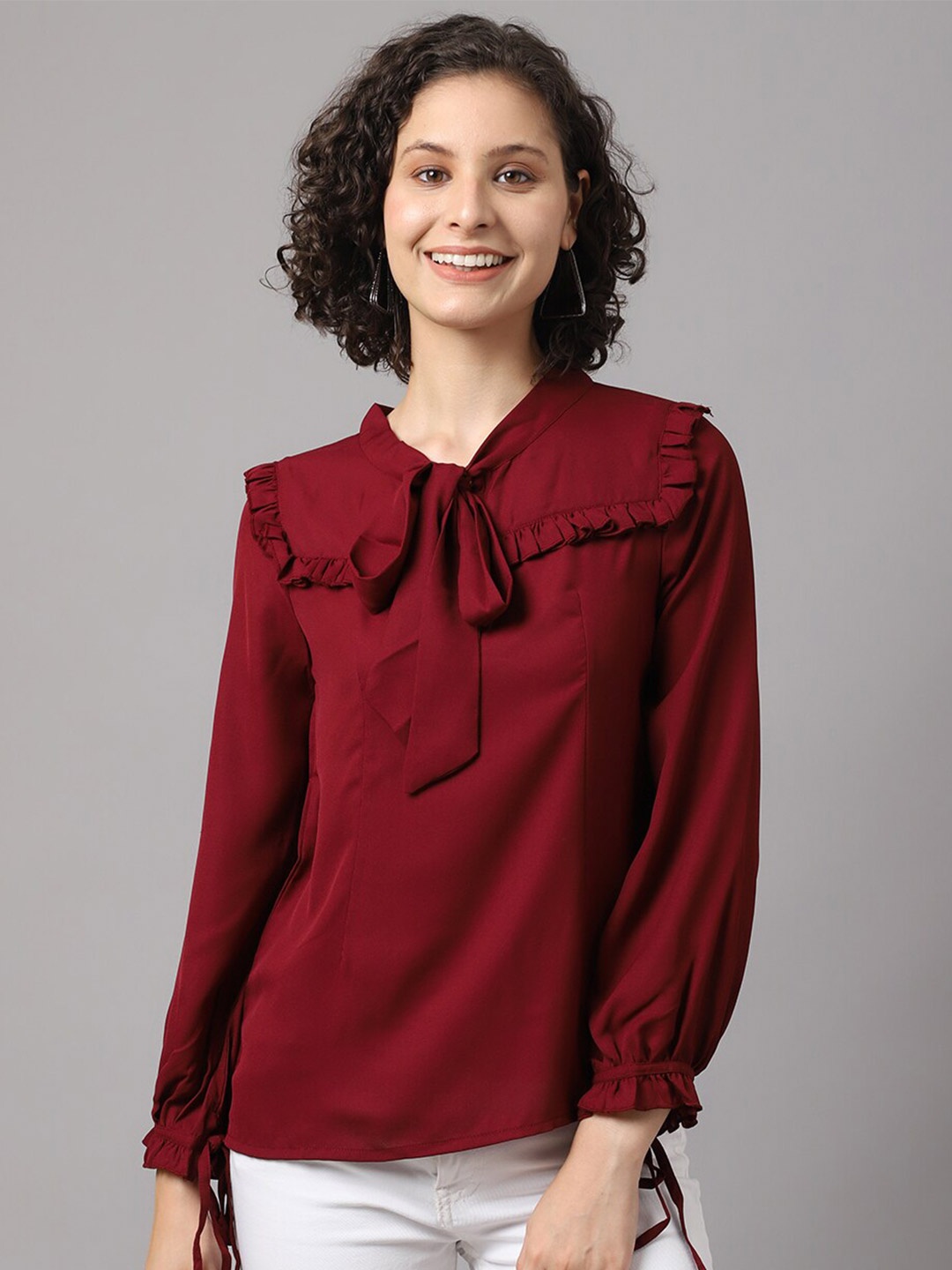 

La Zoire Maroon Tie-Up Neck Ruffles Top