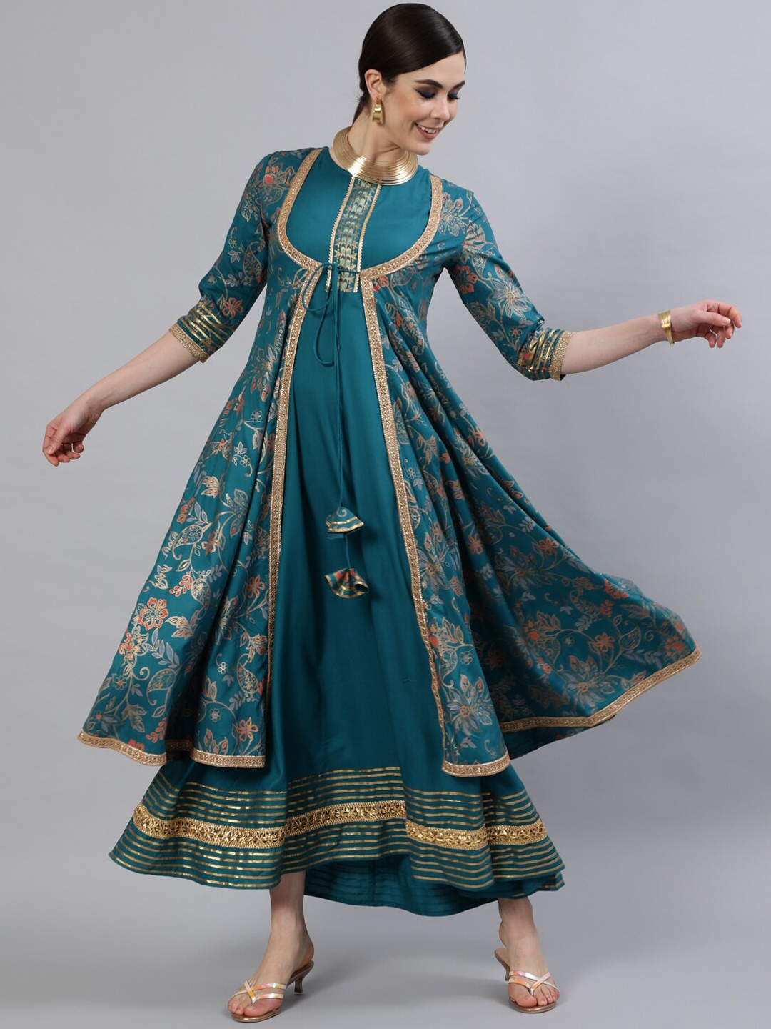 

INDIE CLOSET Paisley Printed Gotta Patti Anarkali Empire Kurta, Green
