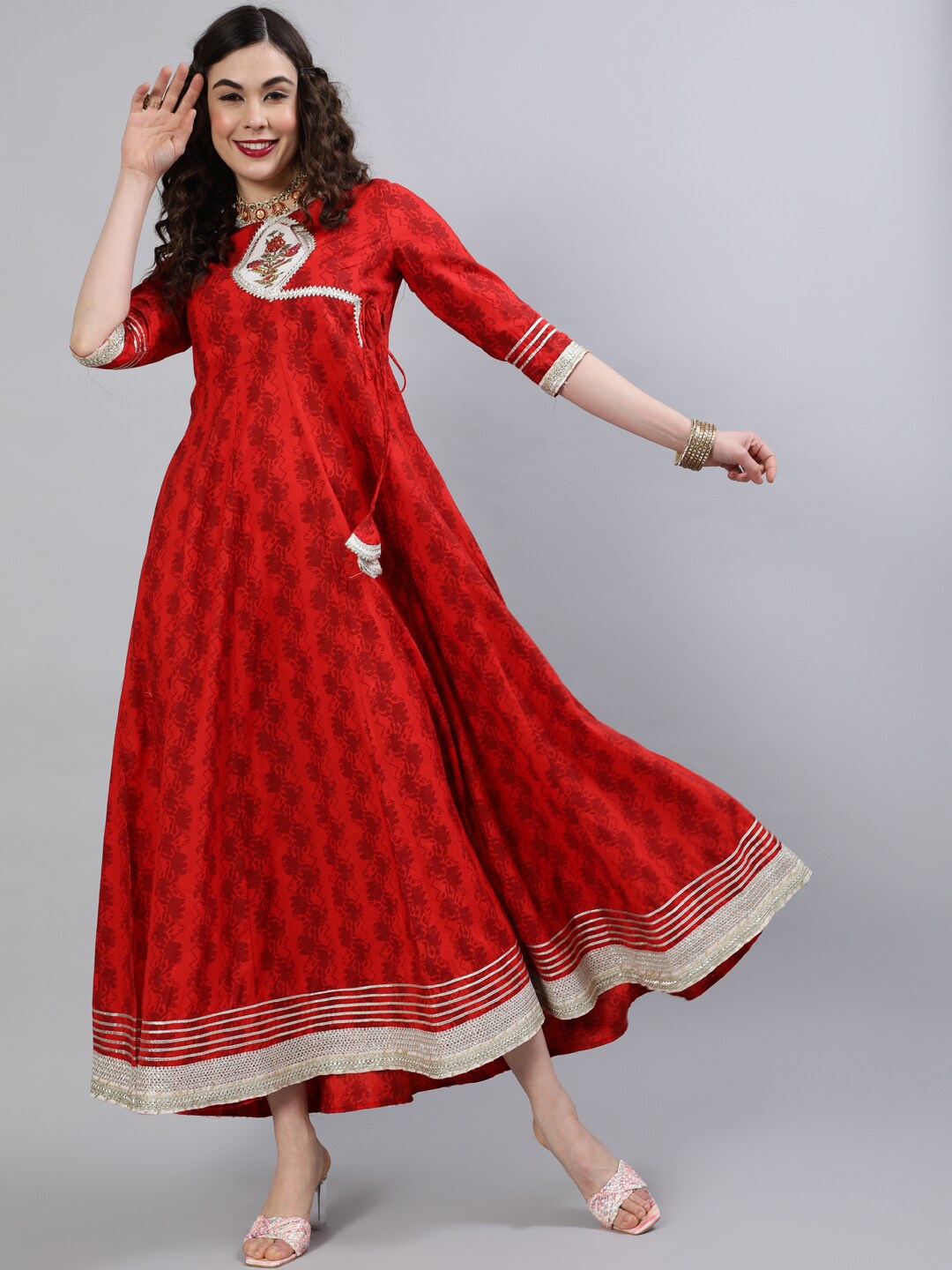 

INDIE CLOSET Ethnic Motifs Printed Gotta Patti Anarkali Angrakha Pure Cotton Kurta, Red