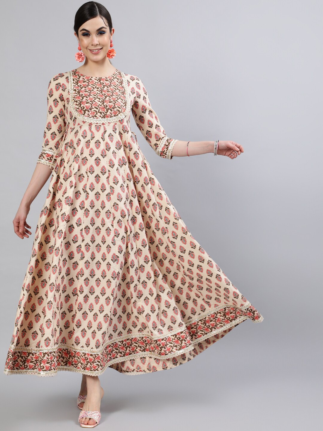 

INDIE CLOSET Ethnic Motifs Printed Anarkali Cotton Kurta, Beige