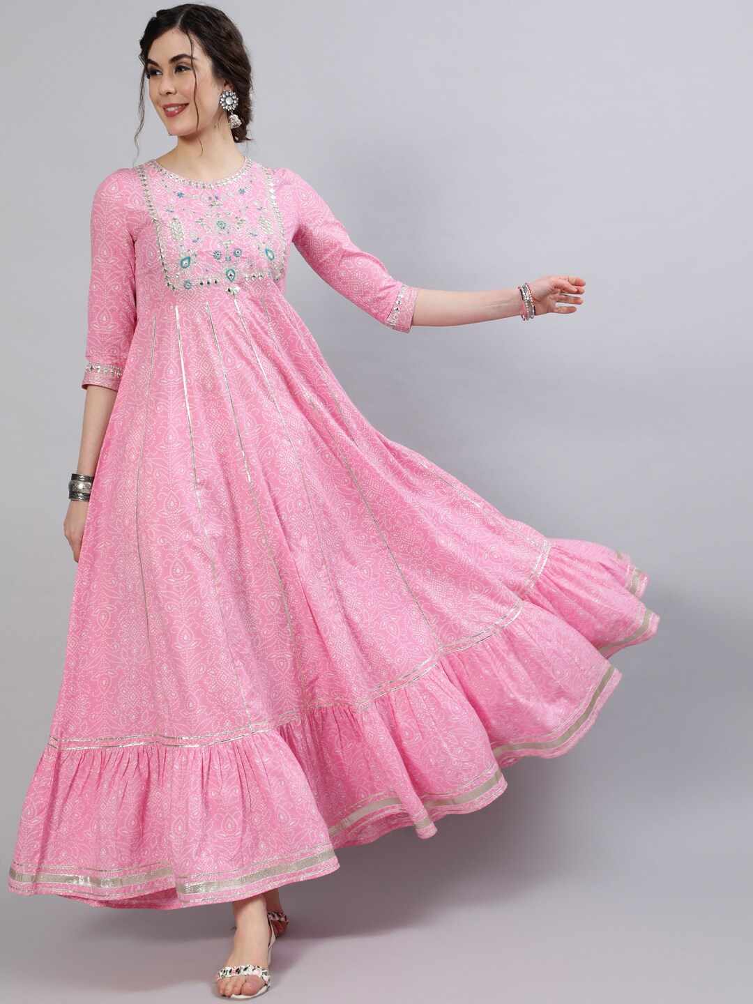 

INDIE CLOSET Ethnic Motifs Printed Gotta Patti Anarkali Cotton Kurta, Pink