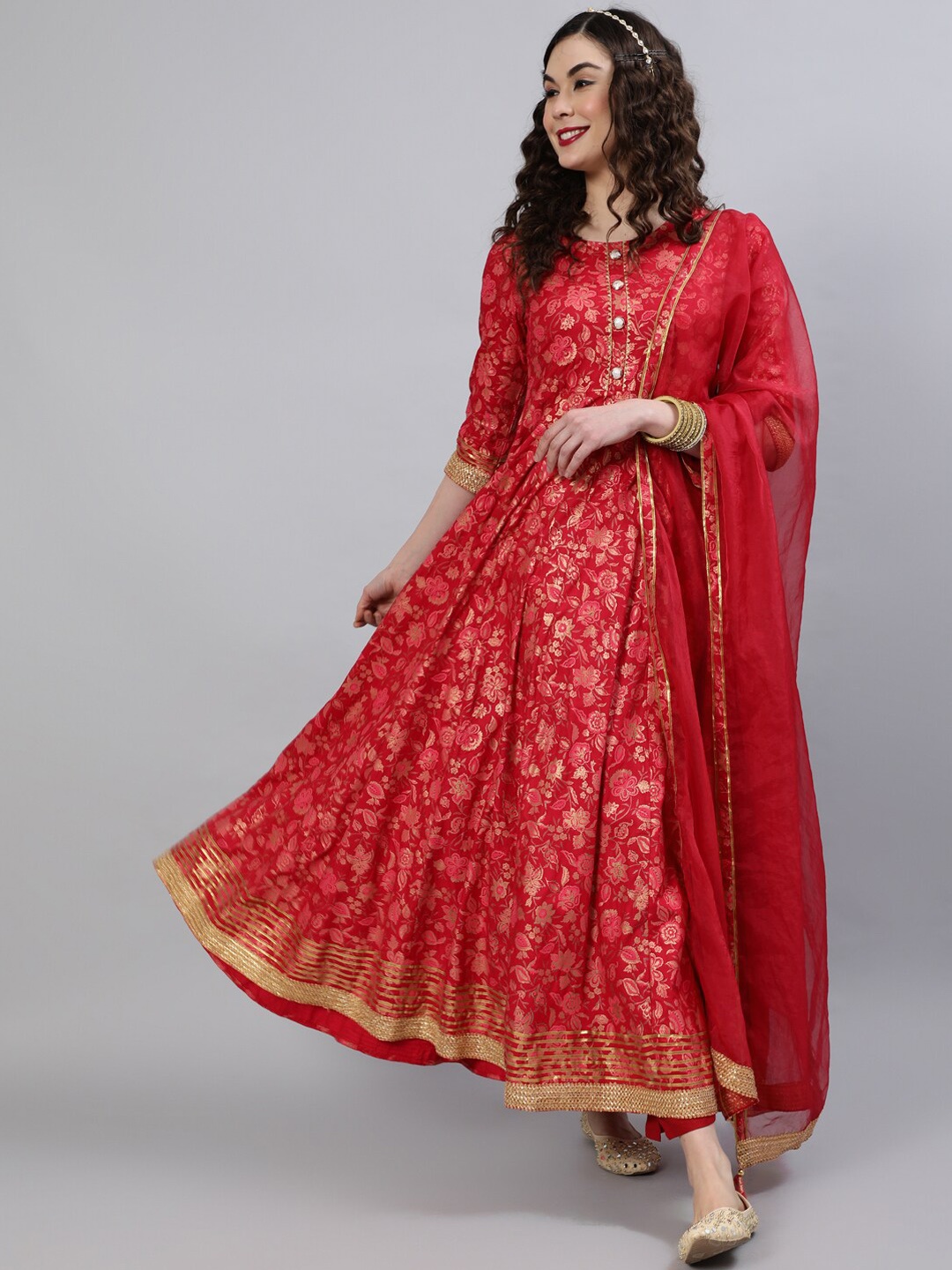 

INDIE CLOSET Floral Printed Gotta Patti Anarkali Empire Kurta, Red