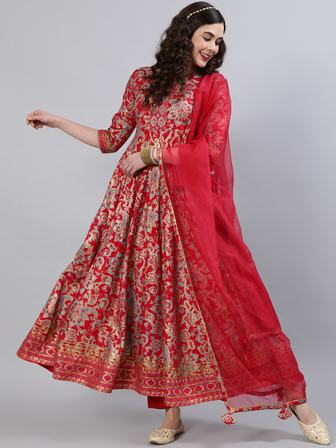 

INDIE CLOSET Paisley Printed Anarkali Empire Kurta, Red