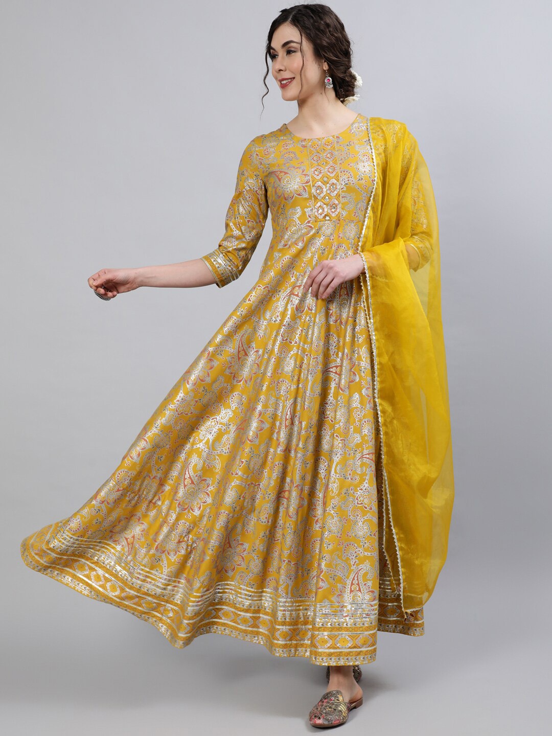 

INDIE CLOSET Ethnic Motifs Printed Anarkali Panelled Kurta, Mustard