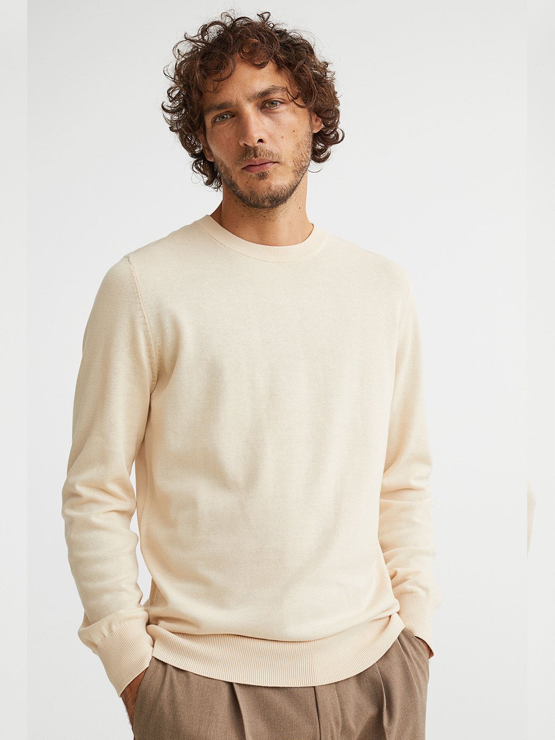 

H&M Men Beige Slim Fit Fine-knit Cotton Jumper