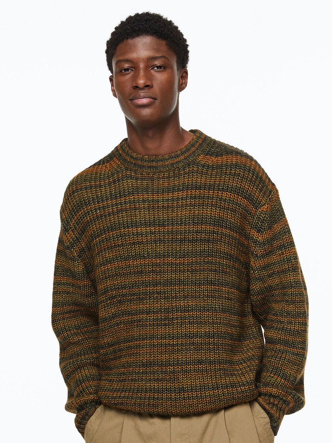

H&M Men Green & Yellow Relaxed Fit Rib-Knit Jumper