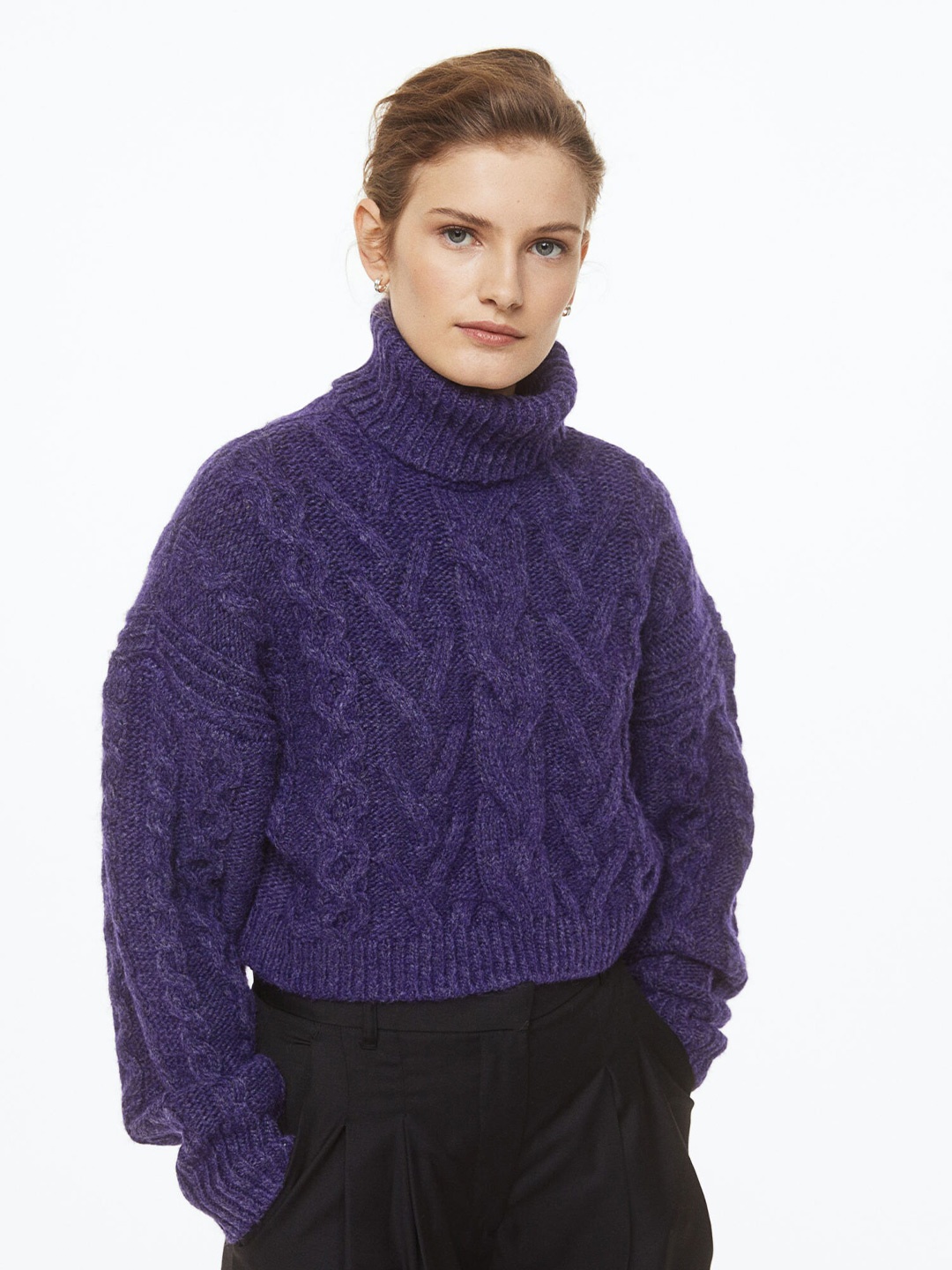 

H&M Women Purple Wool-Blend Cable-Knit Jumper