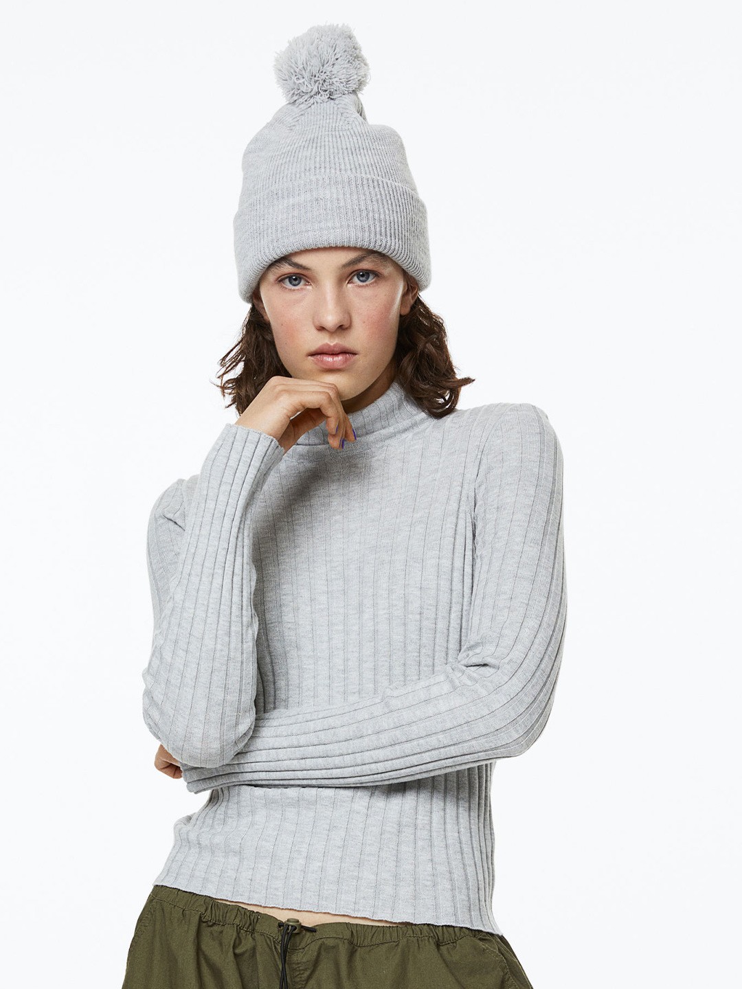 

H&M Women Grey Rib-Knit Polo-Neck Top