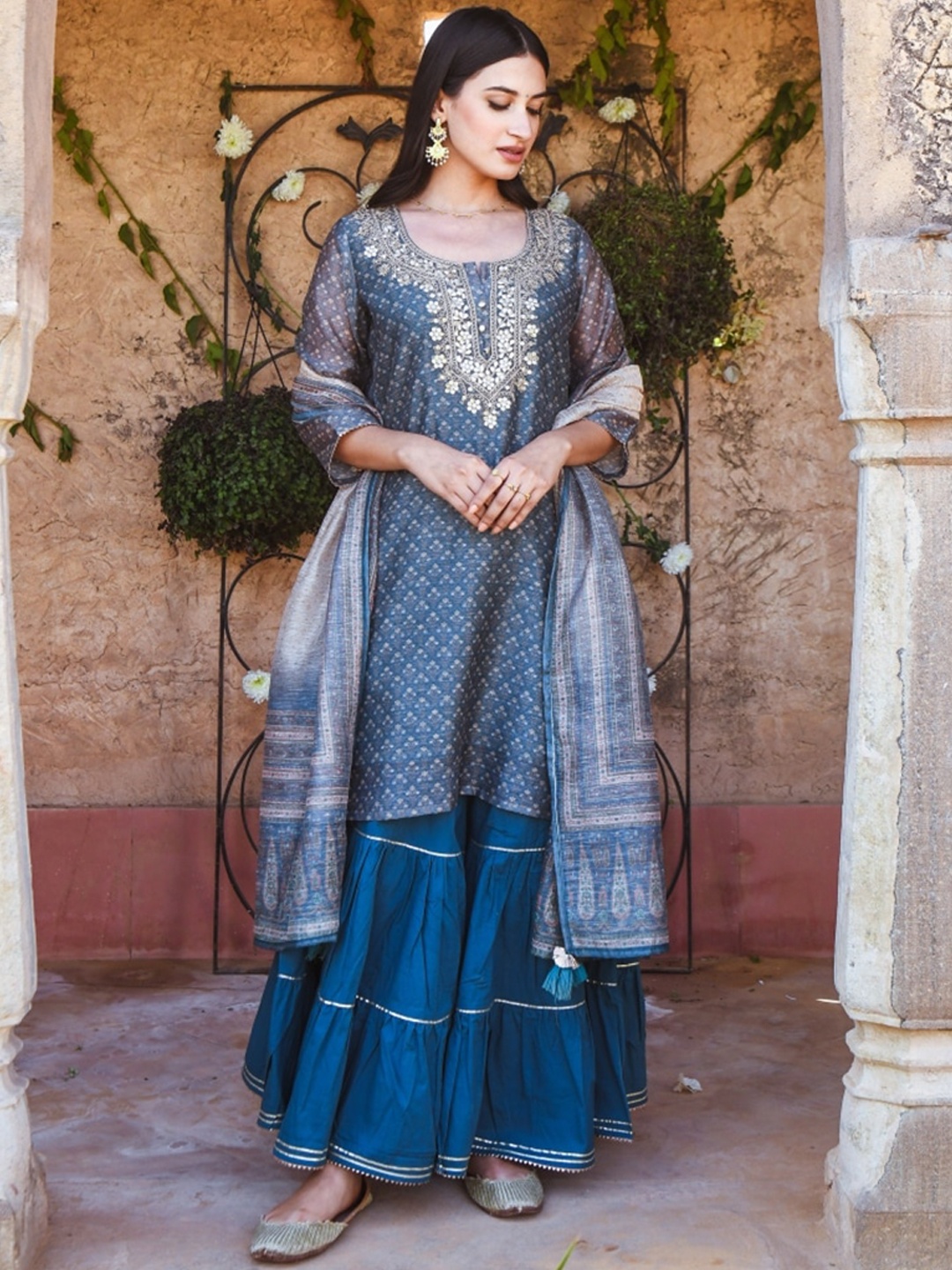 

KARAJ JAIPUR Turquoise Blue Embroidered Gotta Patti Kurta with Sharara & With Dupatta