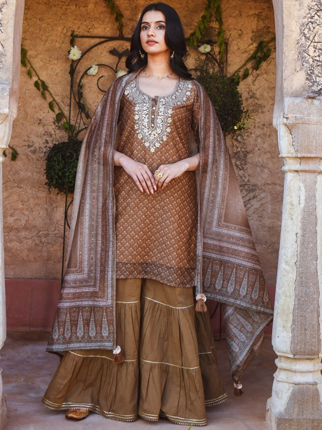 

KARAJ JAIPUR Women Brown Floral Printed Kurta with Sharara & With Dupatta