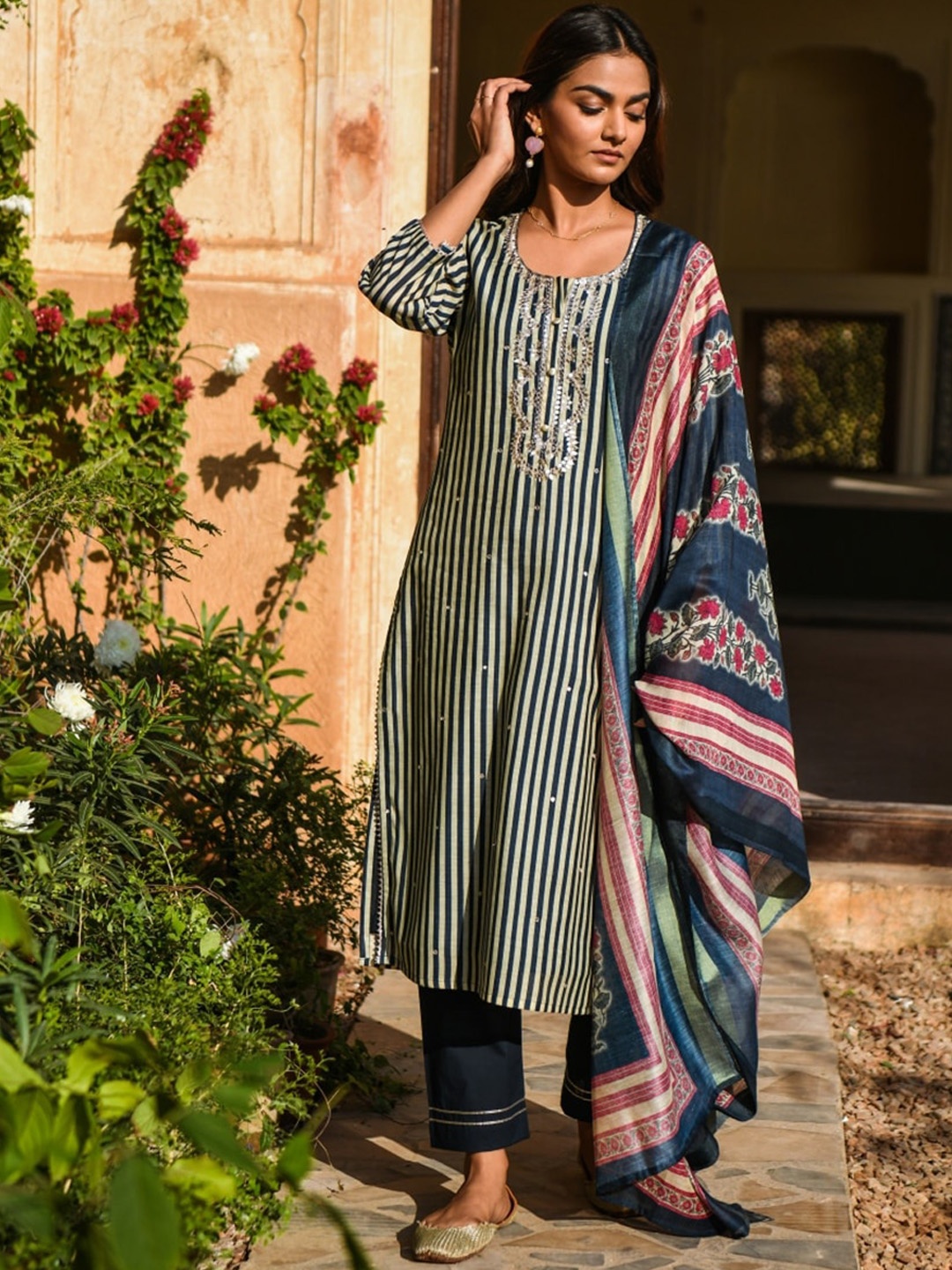 

KARAJ JAIPUR Women Teal Striped Kurta with Trousers & With Dupatta