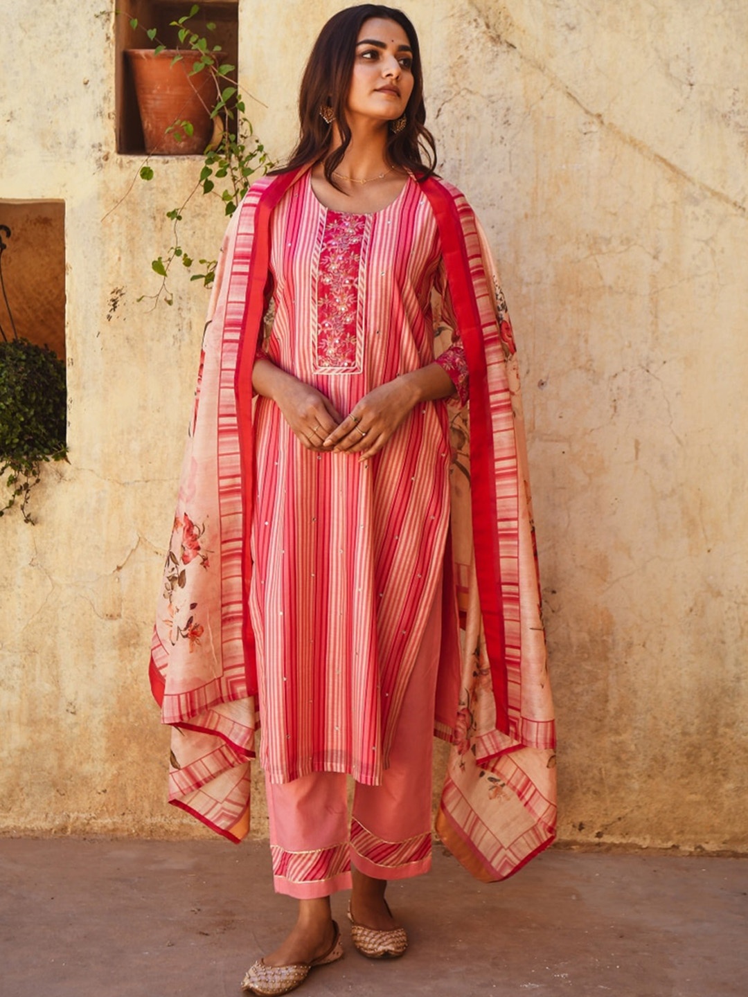 

KARAJ JAIPUR Women Pink Striped Kurta With Trousers & With Dupatta