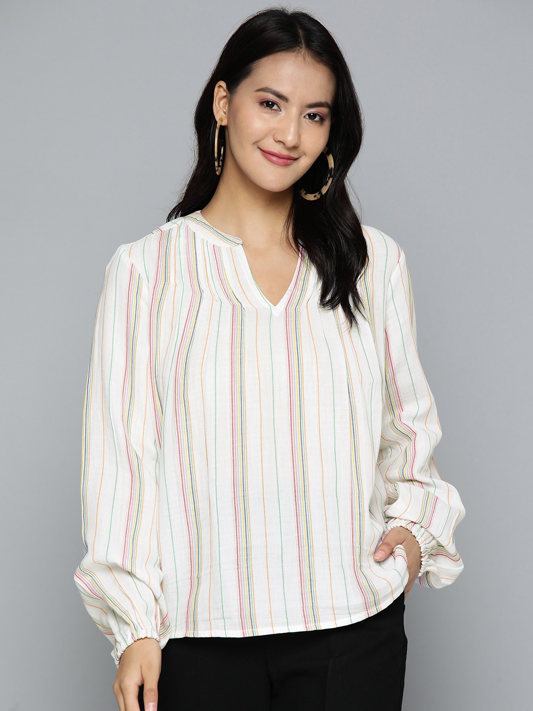 

HERE&NOW Off White & Pink Striped Pure Cotton Top