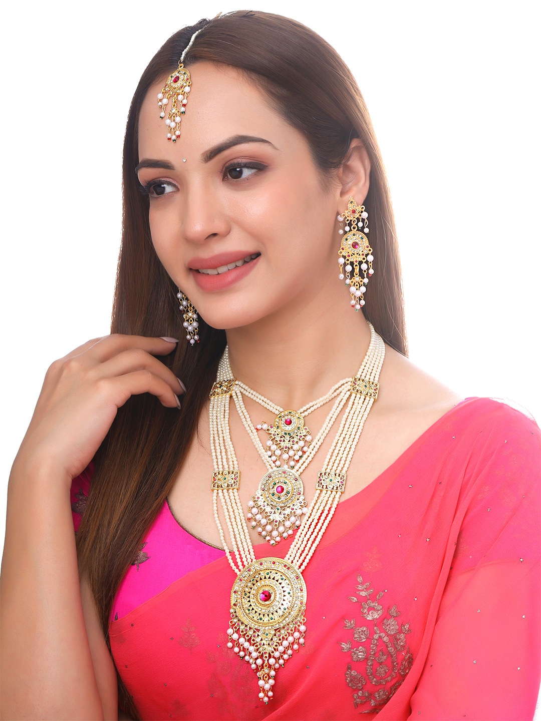 

Yellow Chimes Gold-Plated White & Red Stone Studded & Pearls Beaded Jewellery Set