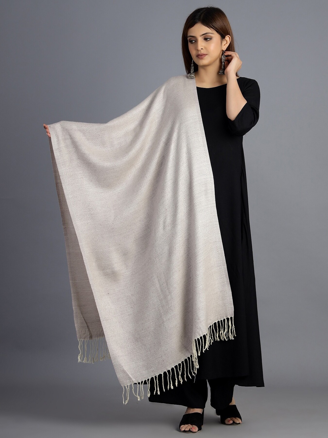 

HANDICRAFT PALACE Women Beige Woven Design Wool Stole