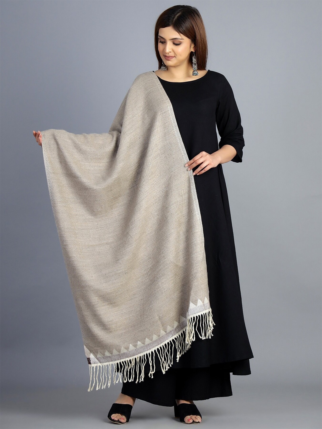 

HANDICRAFT PALACE Women Beige Woven Design Wool Stole