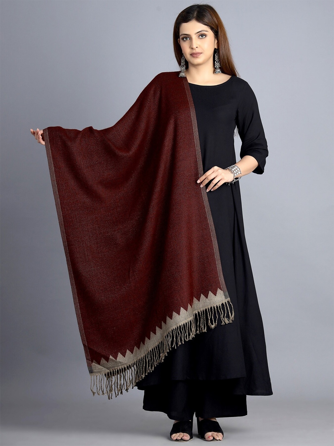 

HANDICRAFT PALACE Women Burgundy & Beige Solid Reversible Wool Stole