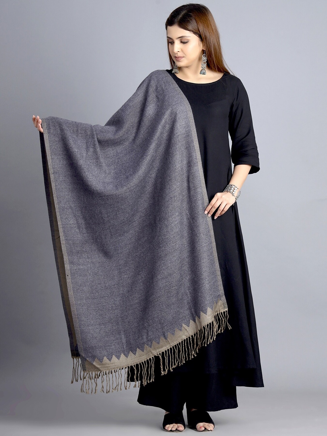 

HANDICRAFT PALACE Women Charcoal Solid Reversible Wool Stole