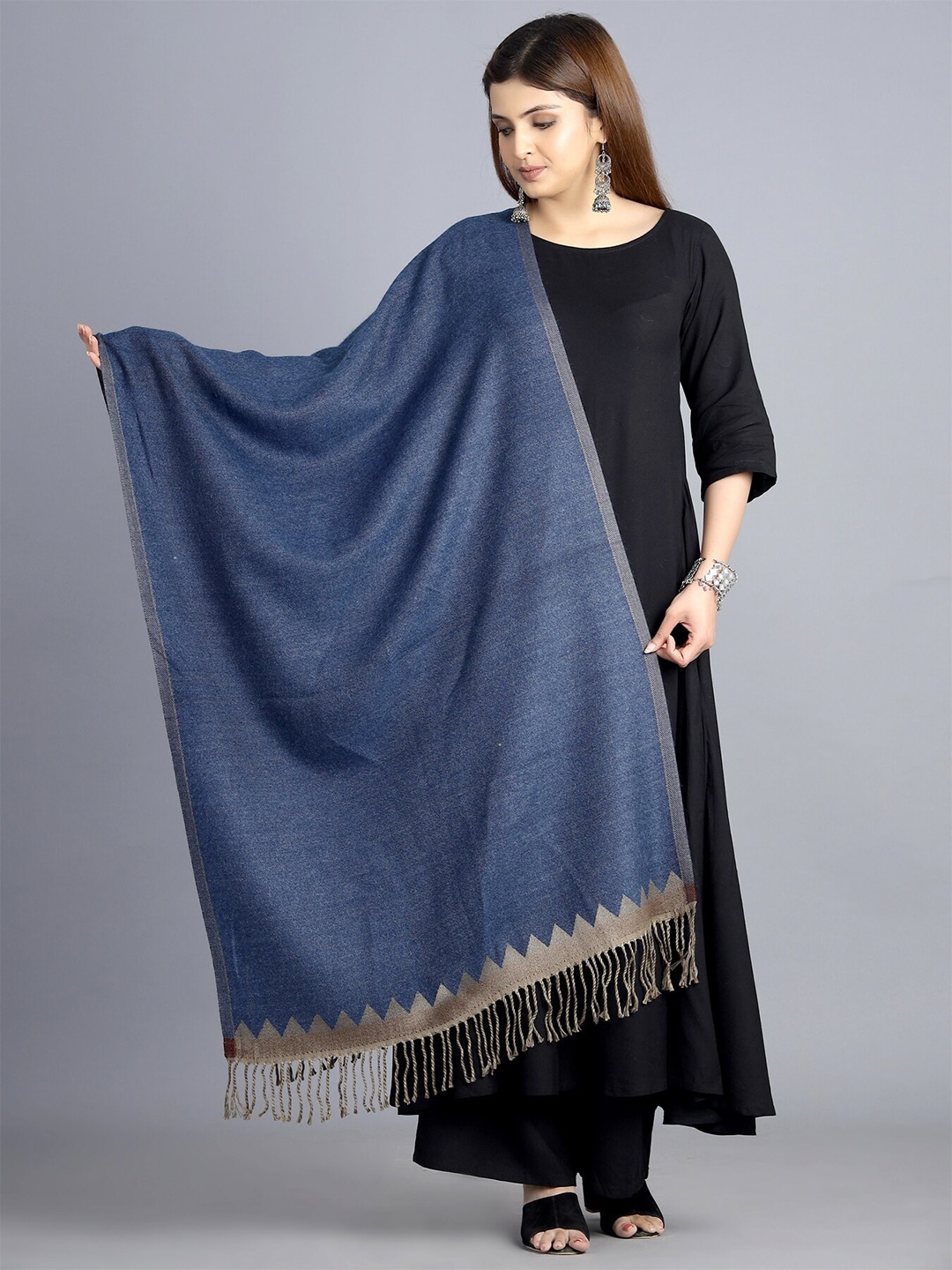 

HANDICRAFT PALACE Women Navy Blue Solid Wool Stole