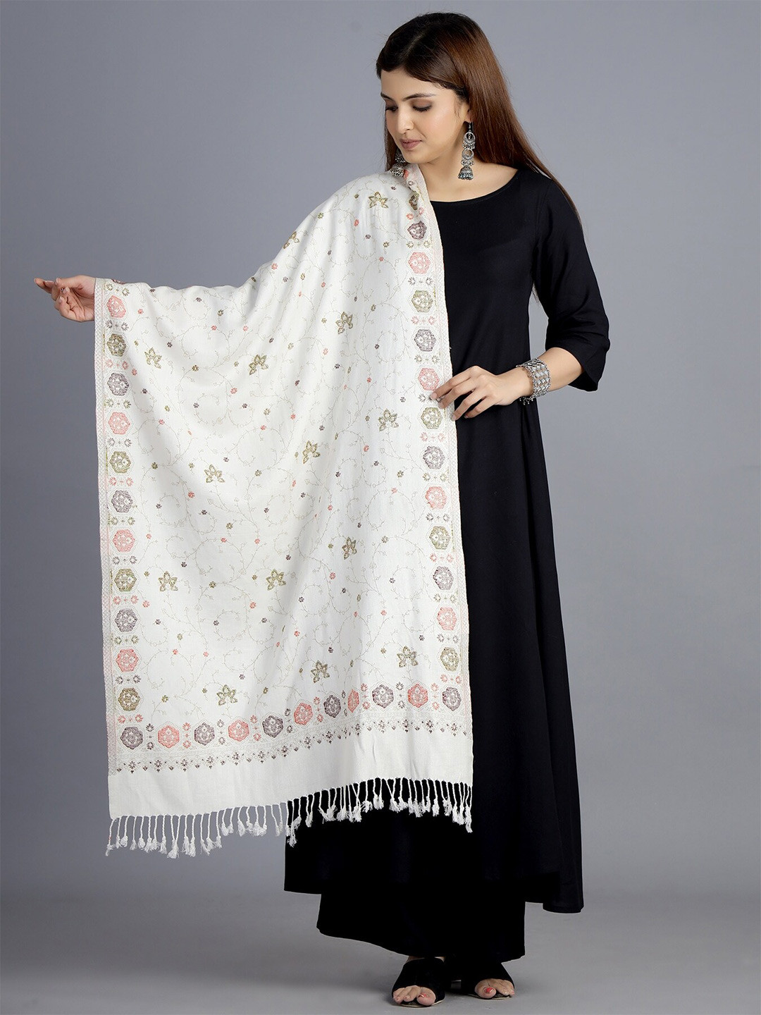 

HANDICRAFT PALACE Women Off White & Green Woven Design Wool Stole