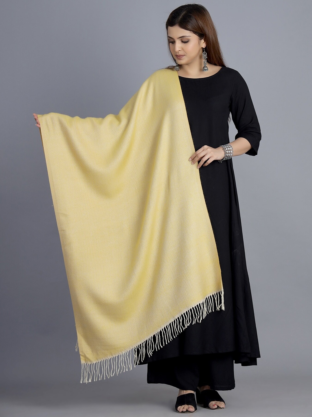 

HANDICRAFT PALACE Women Yellow Woven Design Wool Stole