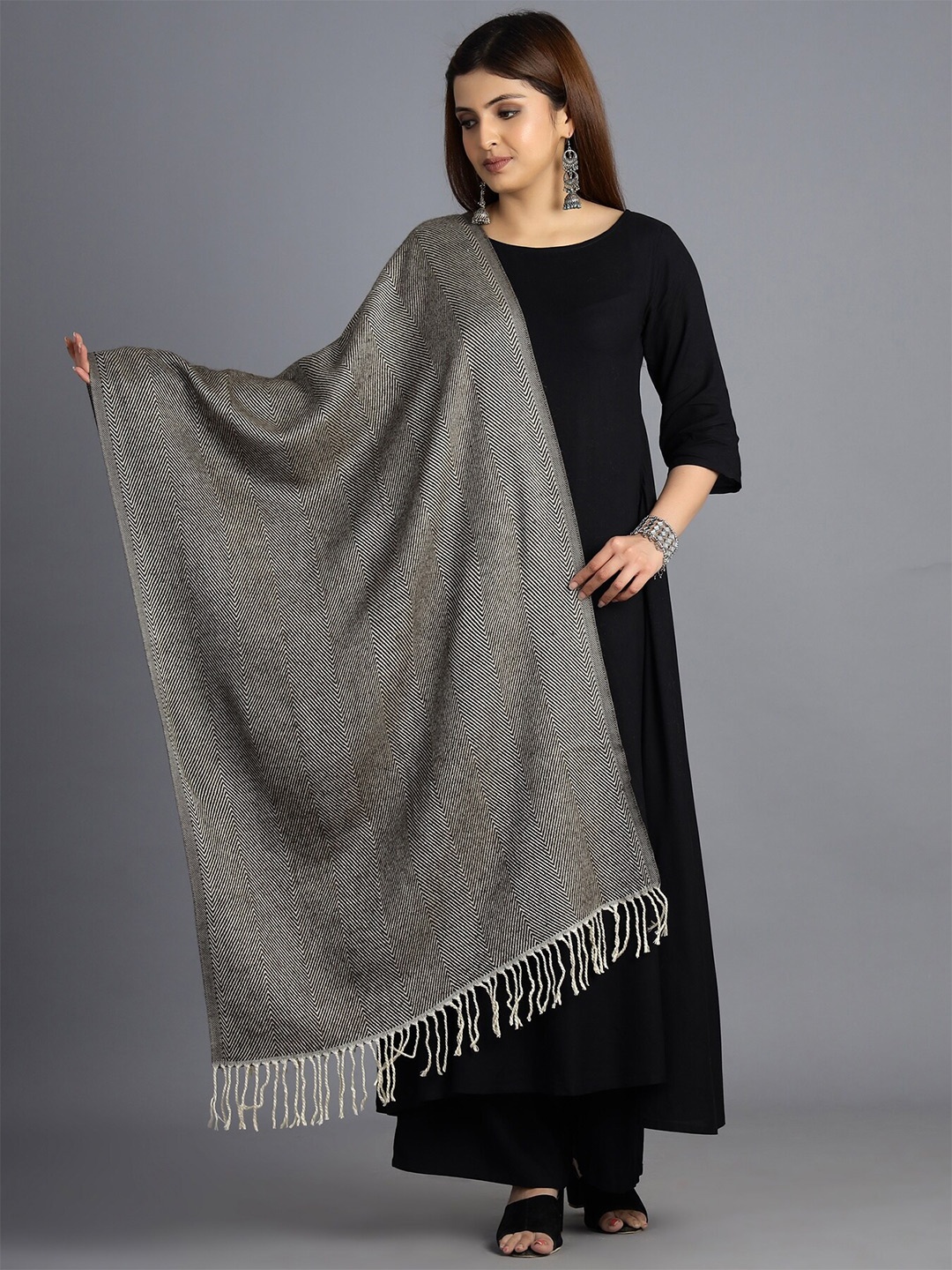 

HANDICRAFT PALACE Women Charcoal & Off White Woven Design Wool Stole