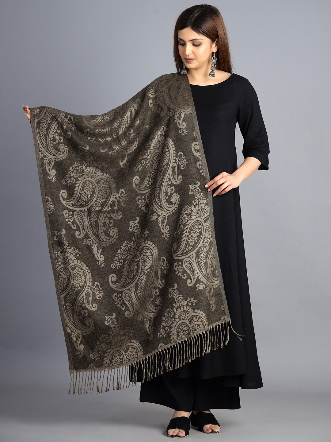 

HANDICRAFT PALACE Women Charcoal & Beige Paisley Woven Design Wool Stole