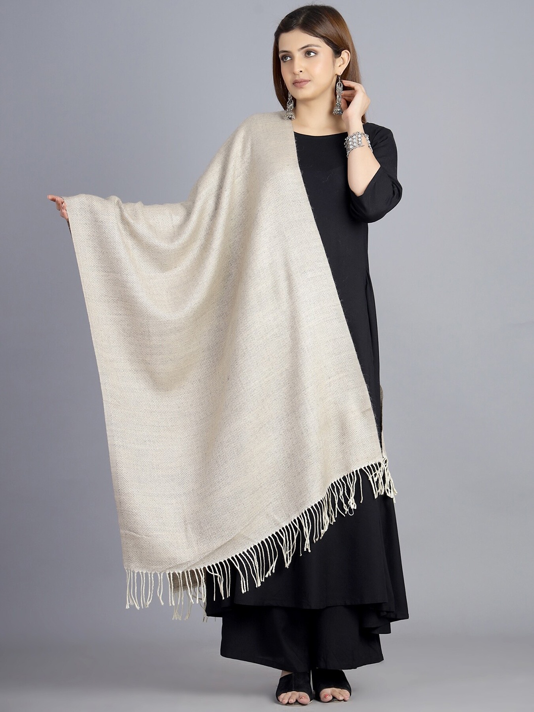

HANDICRAFT PALACE Women Beige Chevron Woven Design Wool Stole