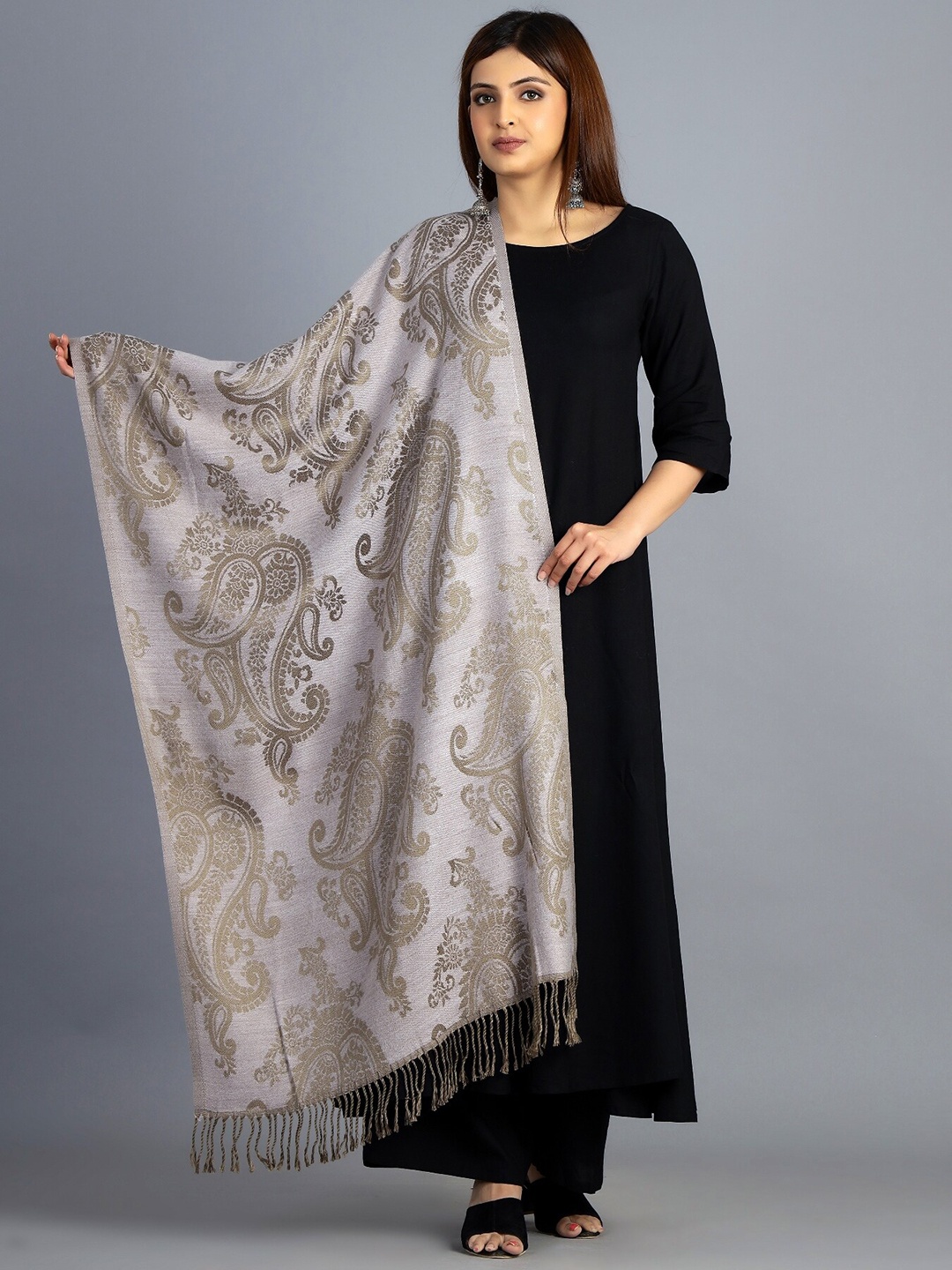 

HANDICRAFT PALACE Women Purple & Gold Paisley Woven Design Wool Stole