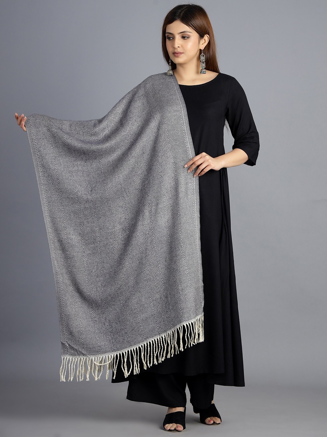 

HANDICRAFT PALACE Women Charcoal Chevron Woven Design Wool Stole