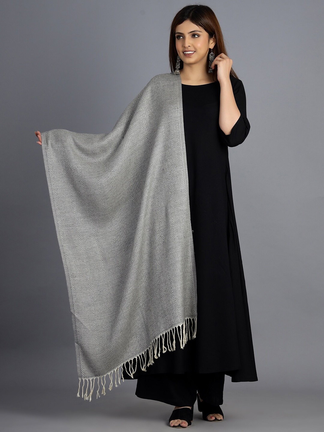 

HANDICRAFT PALACE Women Grey Chevron Woven Design Wool Stole