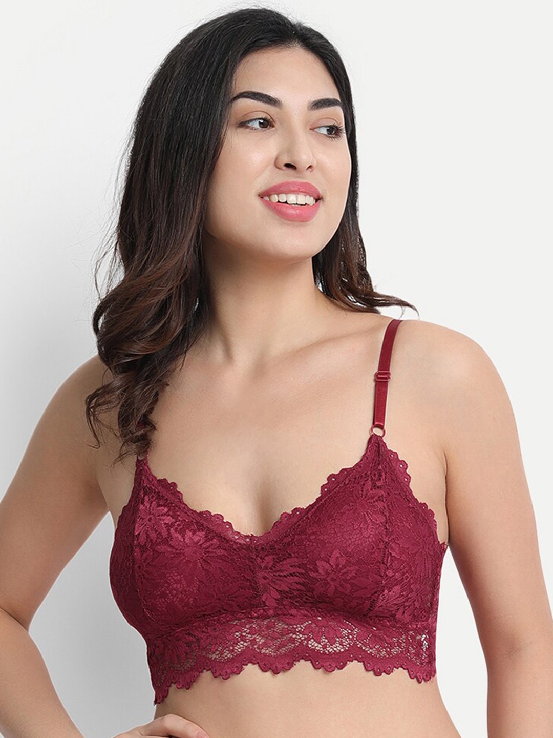 

Flenzy Women Lace Bralette Bra - Lightly Padded, Maroon