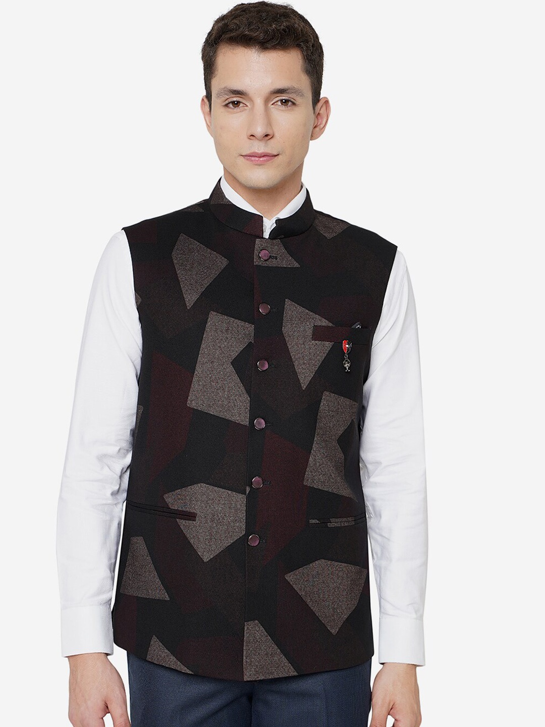

JB STUDIO Men Mandarin Collar Printed Nehru Jacket, Maroon