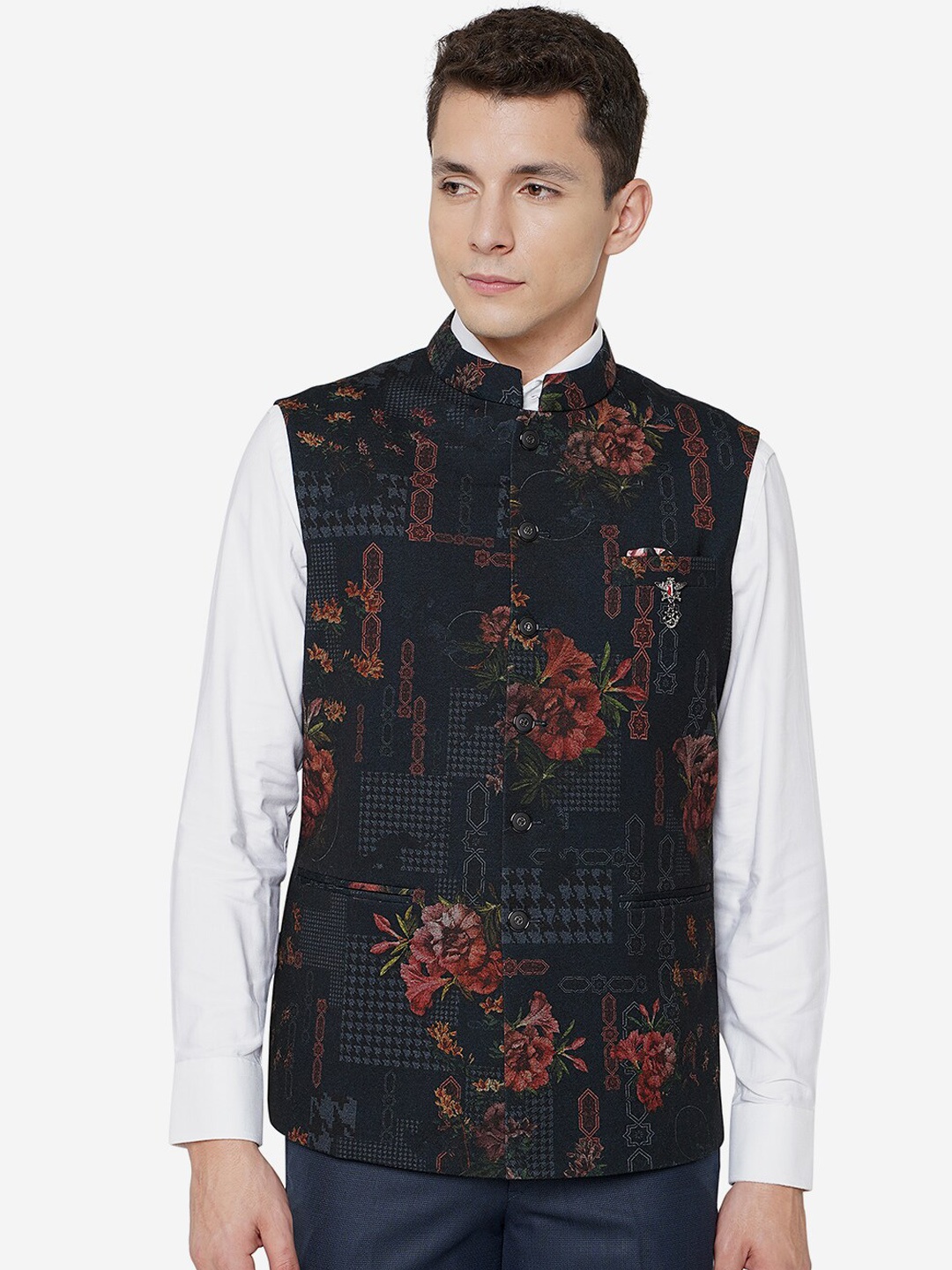 

JB STUDIO Men Mandarin Collar Floral Printed Nehru Jacket, Black