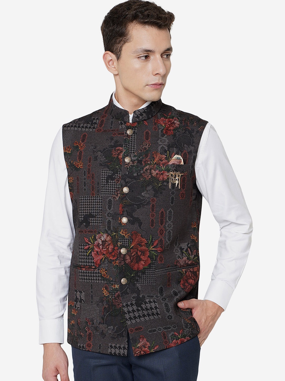 

JB STUDIO Men Floral Printed Nehru Jacket, Brown