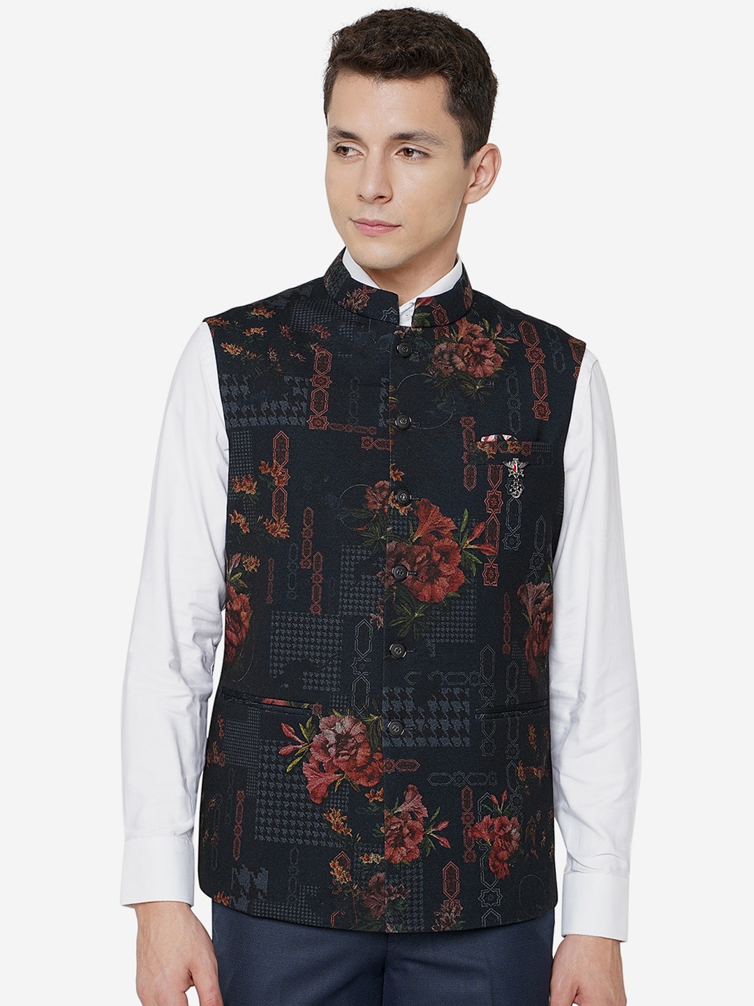 

JB STUDIO Men Mandarin Collar Floral Printed Nehru Jacket, Black