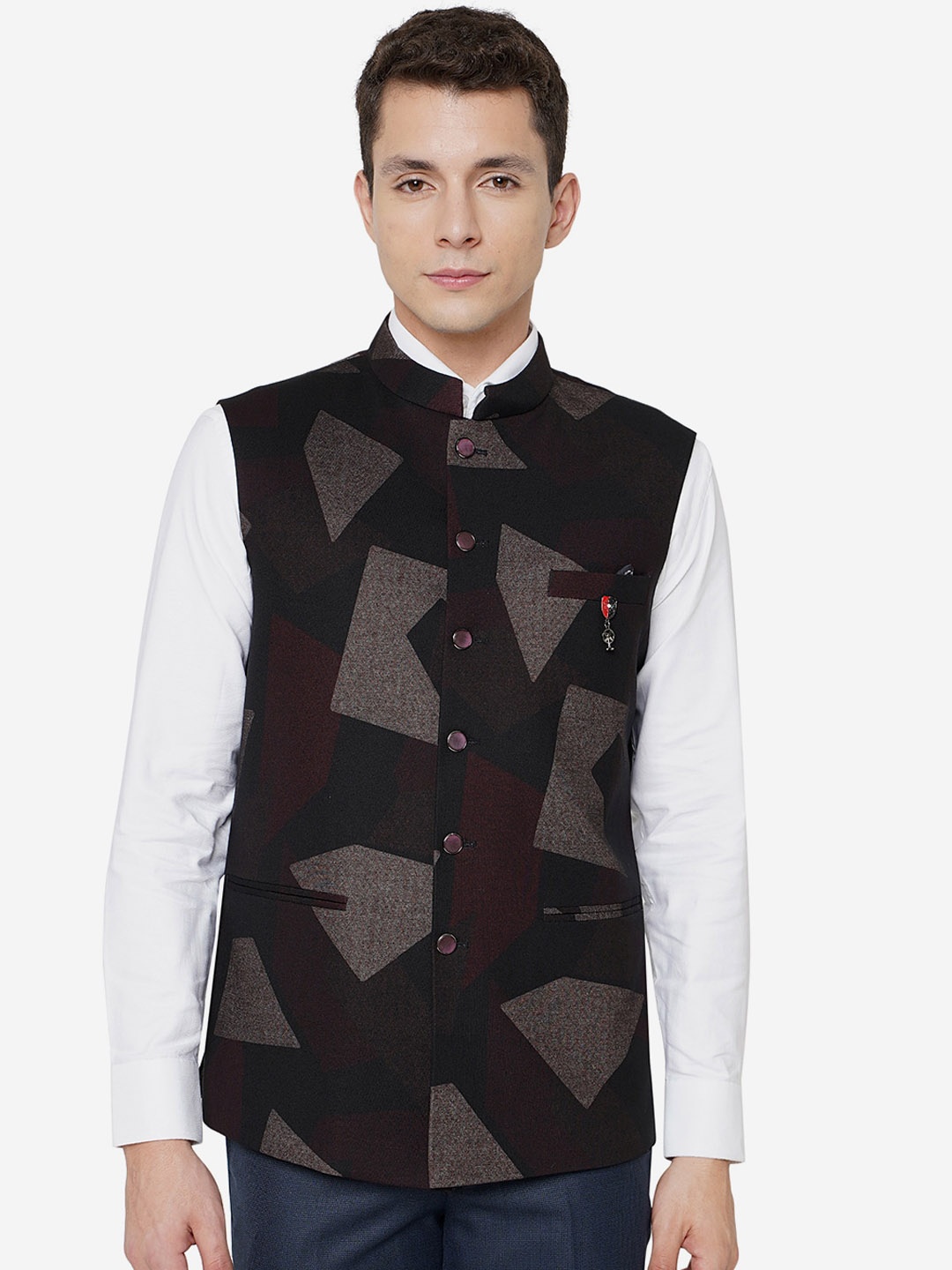 

JB STUDIO Men Printed Nehru Jacket, Maroon