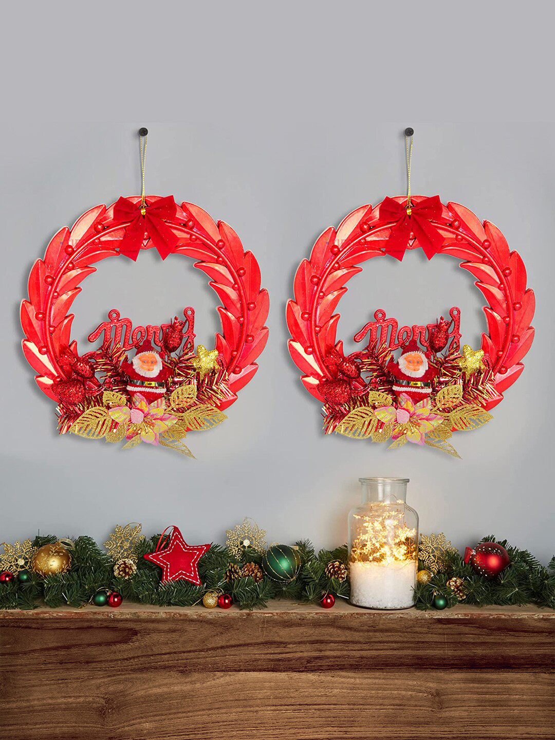 

TIED RIBBONS Set Of 2 Christmas Dcor Hanging Wreath Festive Decor, Red