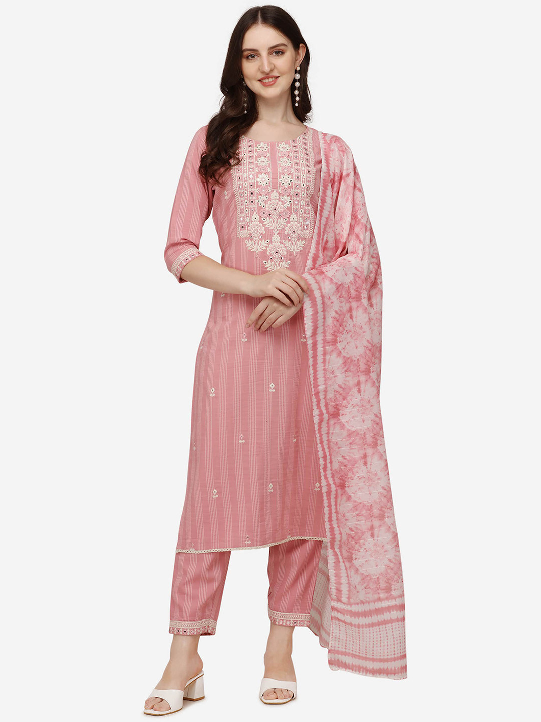 

Berrylicious Women Pink Floral Embroidered Pure Cotton Kurta with Trousers & With Dupatta