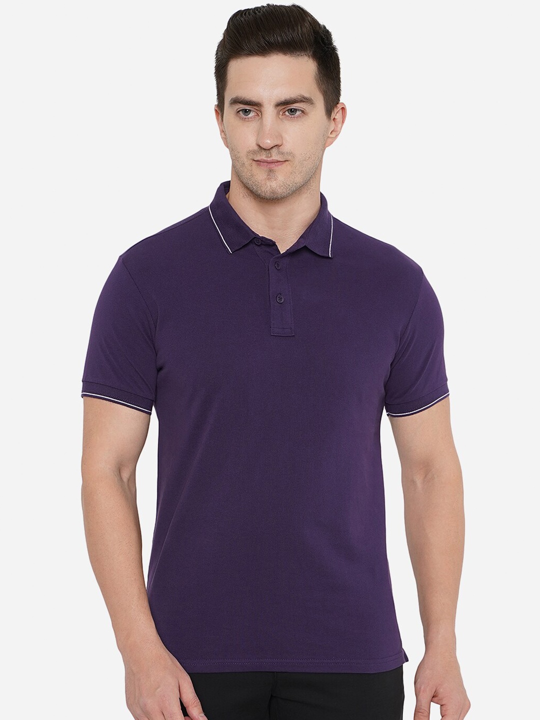 

JADE BLUE Men Purple & White Cotton Striped Polo Collar Slim Fit T-shirt