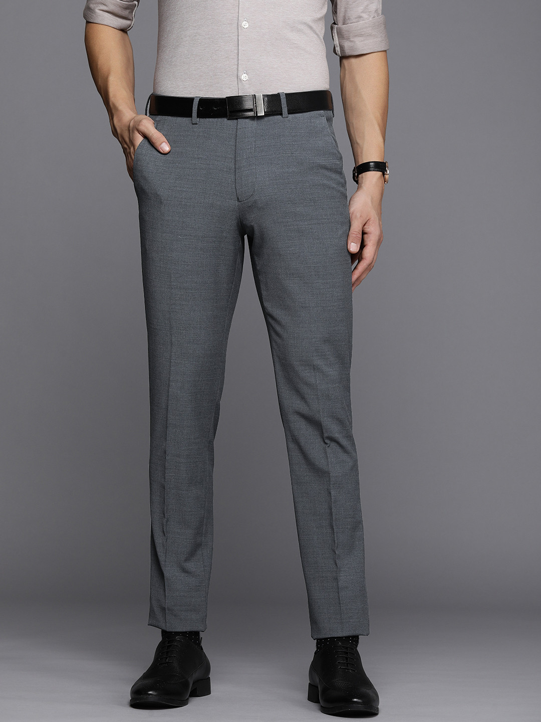

Louis Philippe Men Solid Super Slim Fit Formal Trousers, Grey