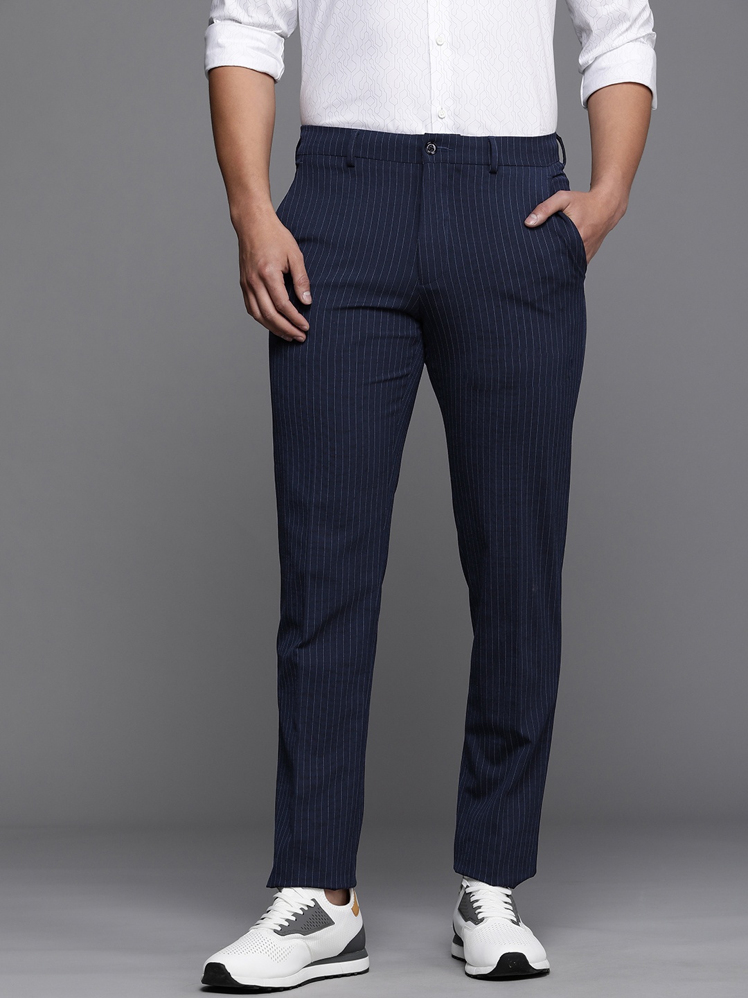 

Louis Philippe Men Striped Slim Fit Smart Casual Trousers, Navy blue