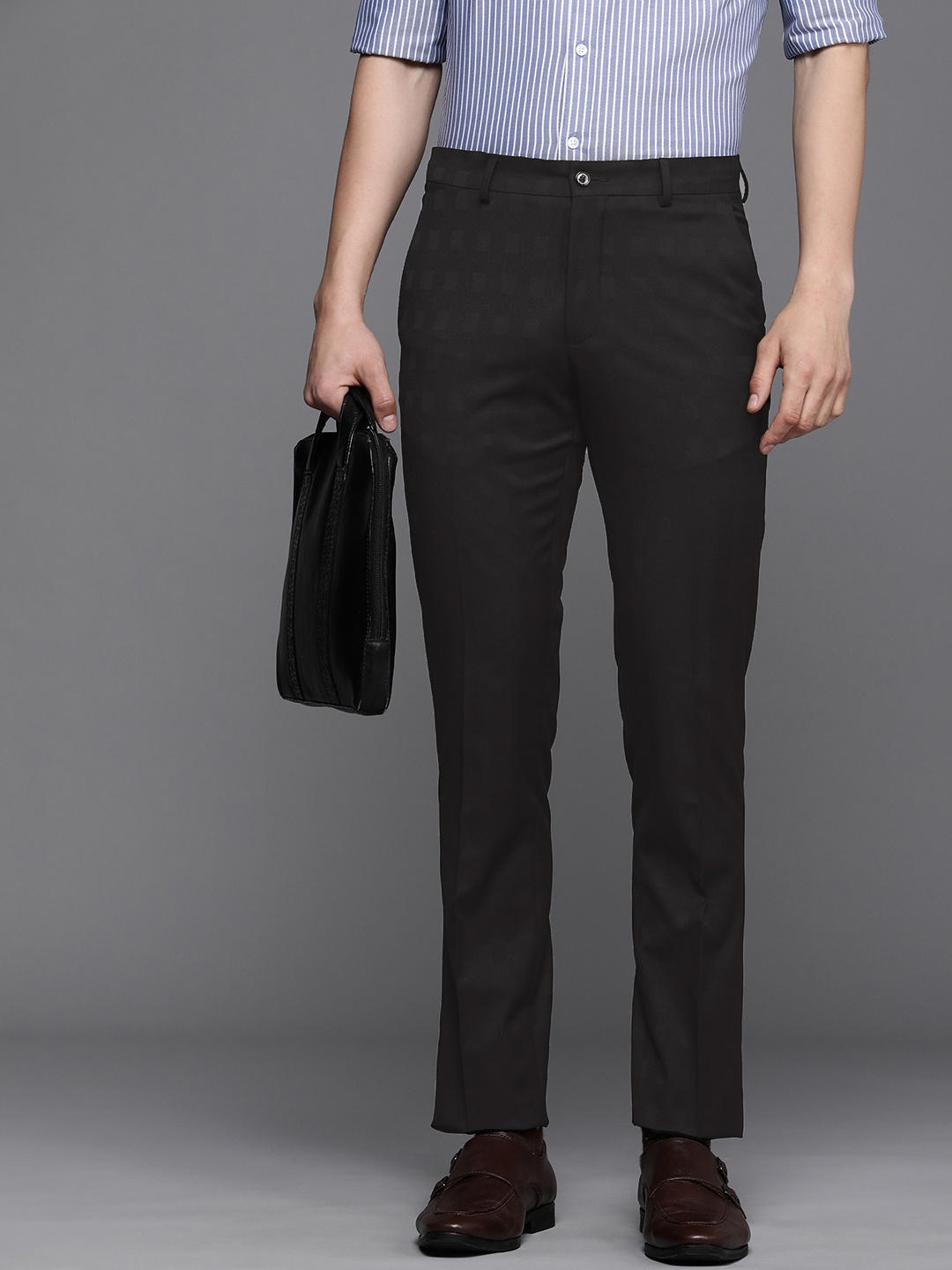 

Louis Philippe Men Checked Slim Fit Trousers, Black