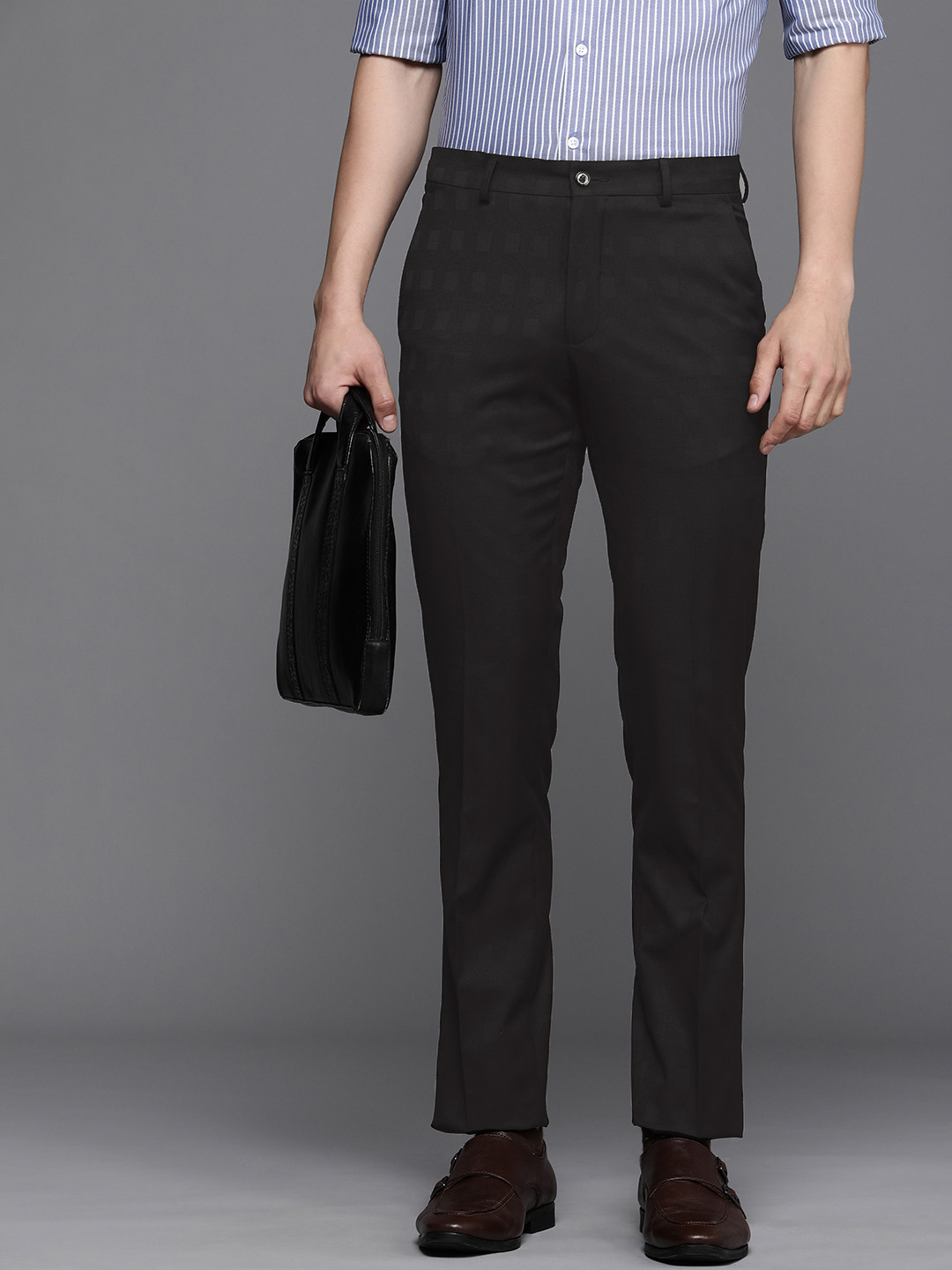 

Louis Philippe Men Checked Slim Fit Trousers, Black
