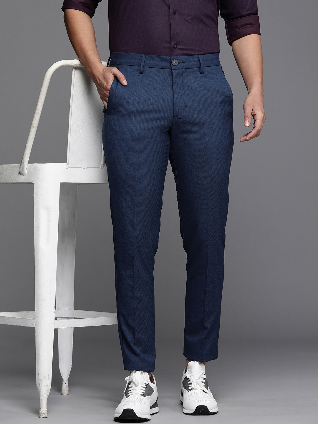 

Louis Philippe Ath.Work Men Textured Comfort Tapered Fit Trousers, Blue