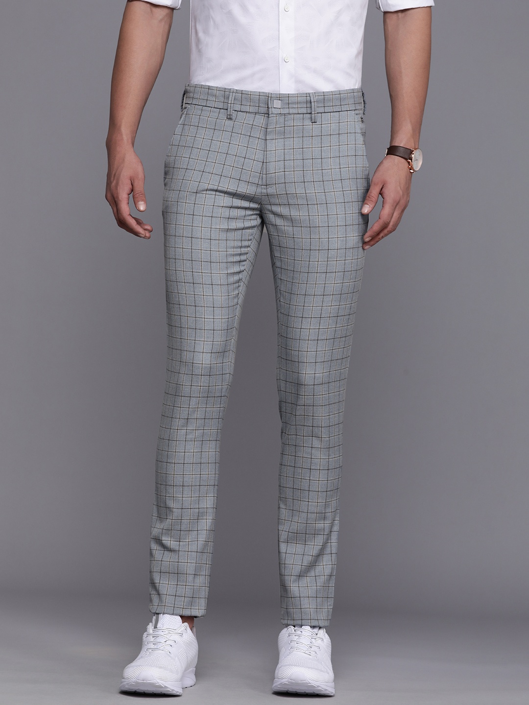 

Louis Philippe Ath Work Men Checked Super Slim Fit Trousers, Grey